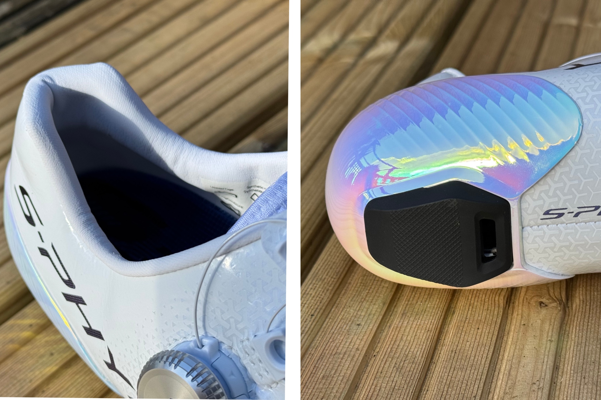 The heel cup of the Shimano S-Phyre RC903 PWR shoes shown from above and below