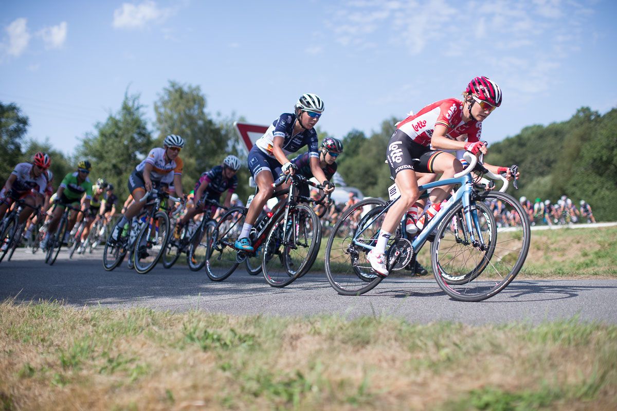 Claudia Lichtenberg (GER) of Lotto Soudal Cycling Team leads the peloton to the bottom of the last climb in the third lap of the 121.5 km road race of the UCI Women's World Tour's 2016 Grand Prix Plouay