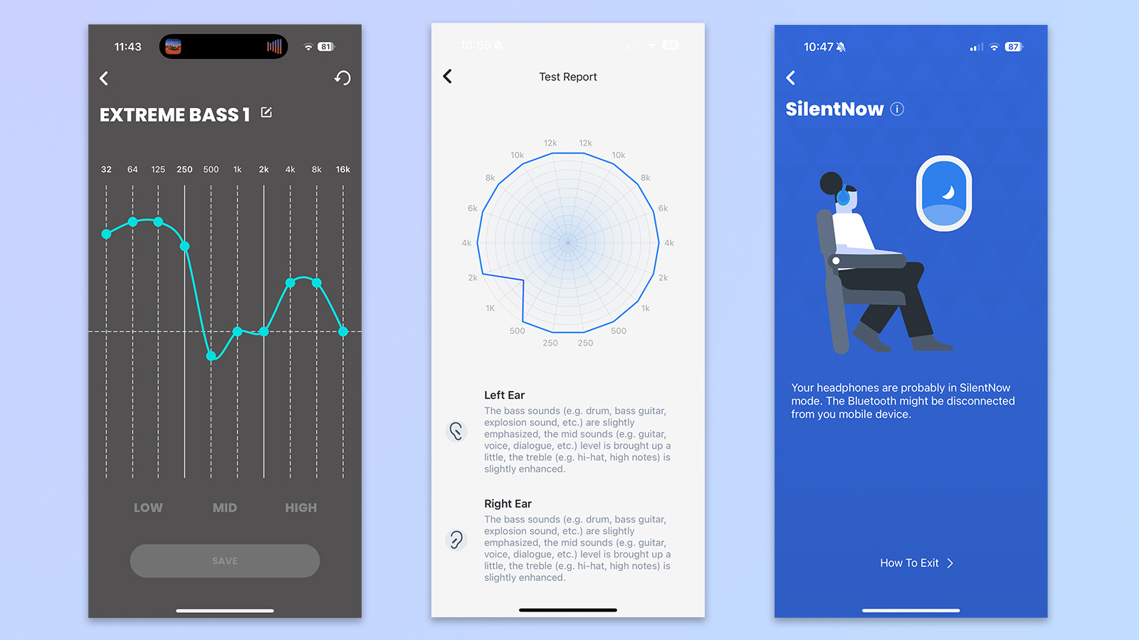 a screenshot from the AKG headphones app showing app features including EQ and silent now mode