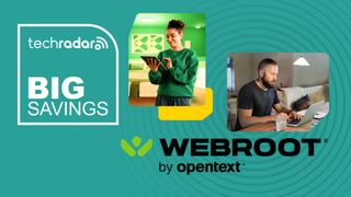 Webroot users in boxes over the Webroot logo on a green background next to a TechRadar badge that reads 'Big Savings'