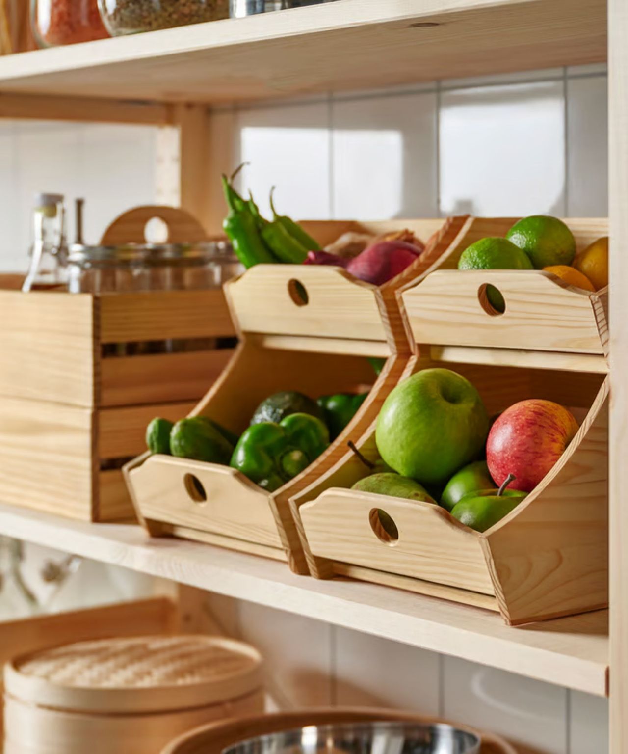 IKEA's stacking food boxes in a kitchen pantry packed with fruits and vegetables