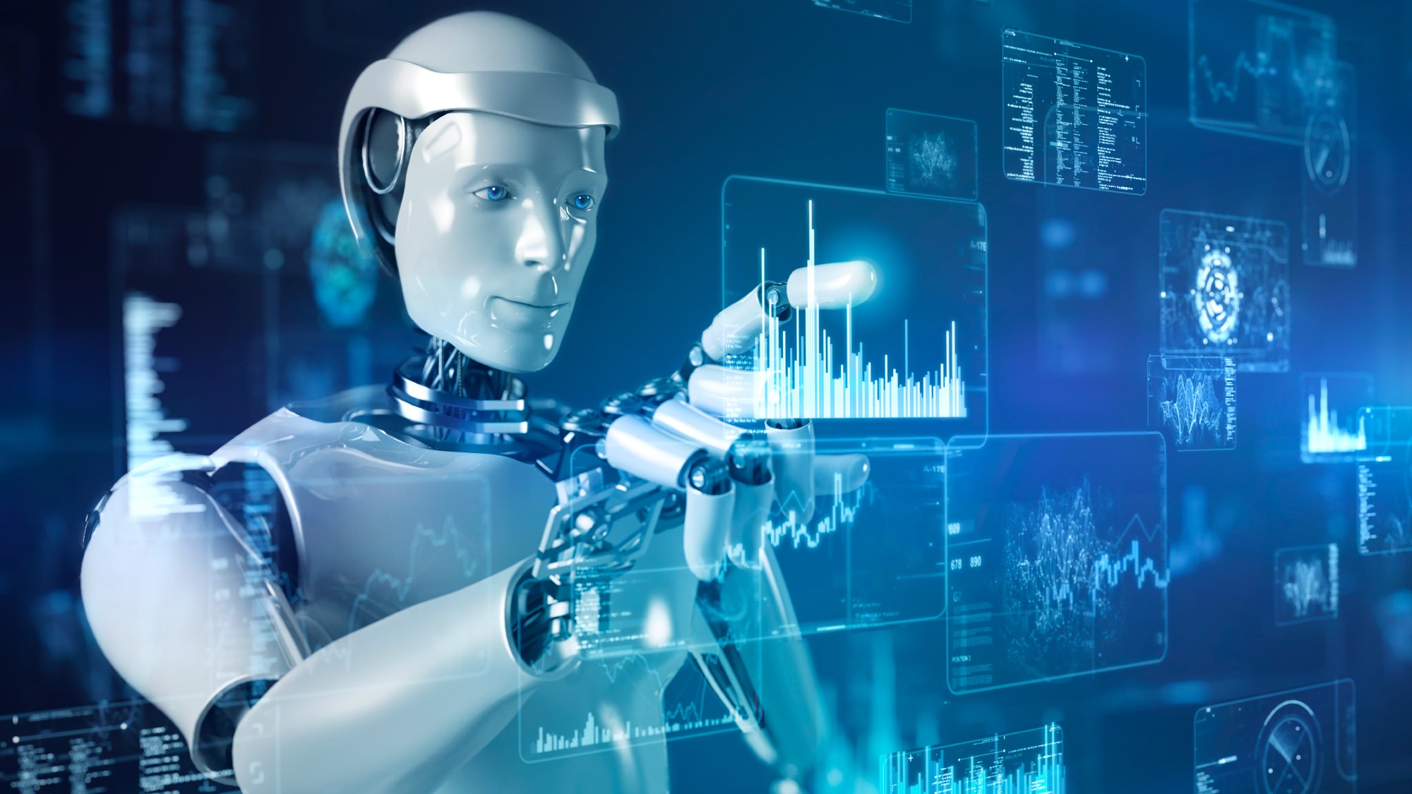 Lifelike robot touching a futuristic screen with stock symbols 