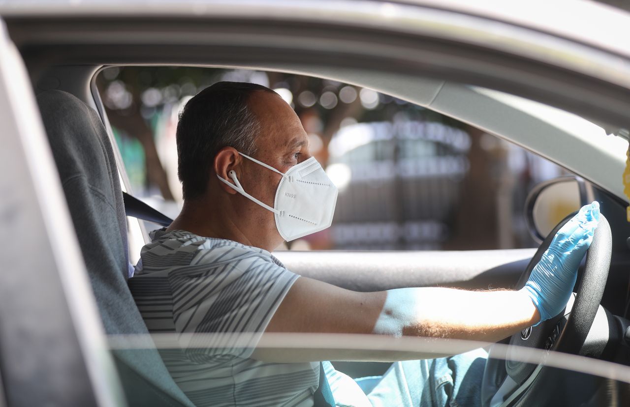 A protester in a car