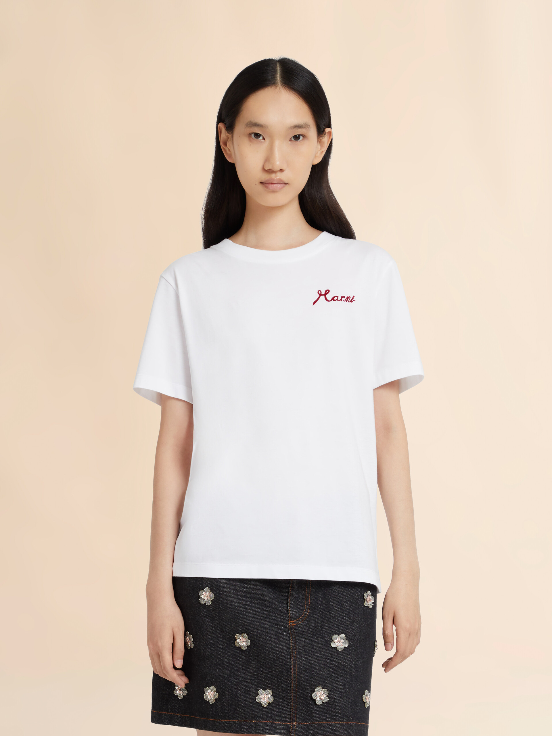 White Cotton T-Shirt With Flocked Marni Logo - 36
