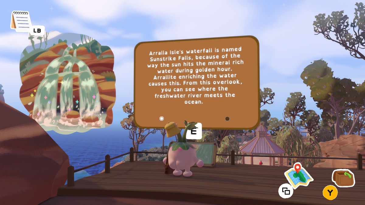 An assortment of images from Letters to Arralla, following a turnip with a juicy bum looking around a beautiful island, delivering mail, and talking to residents.