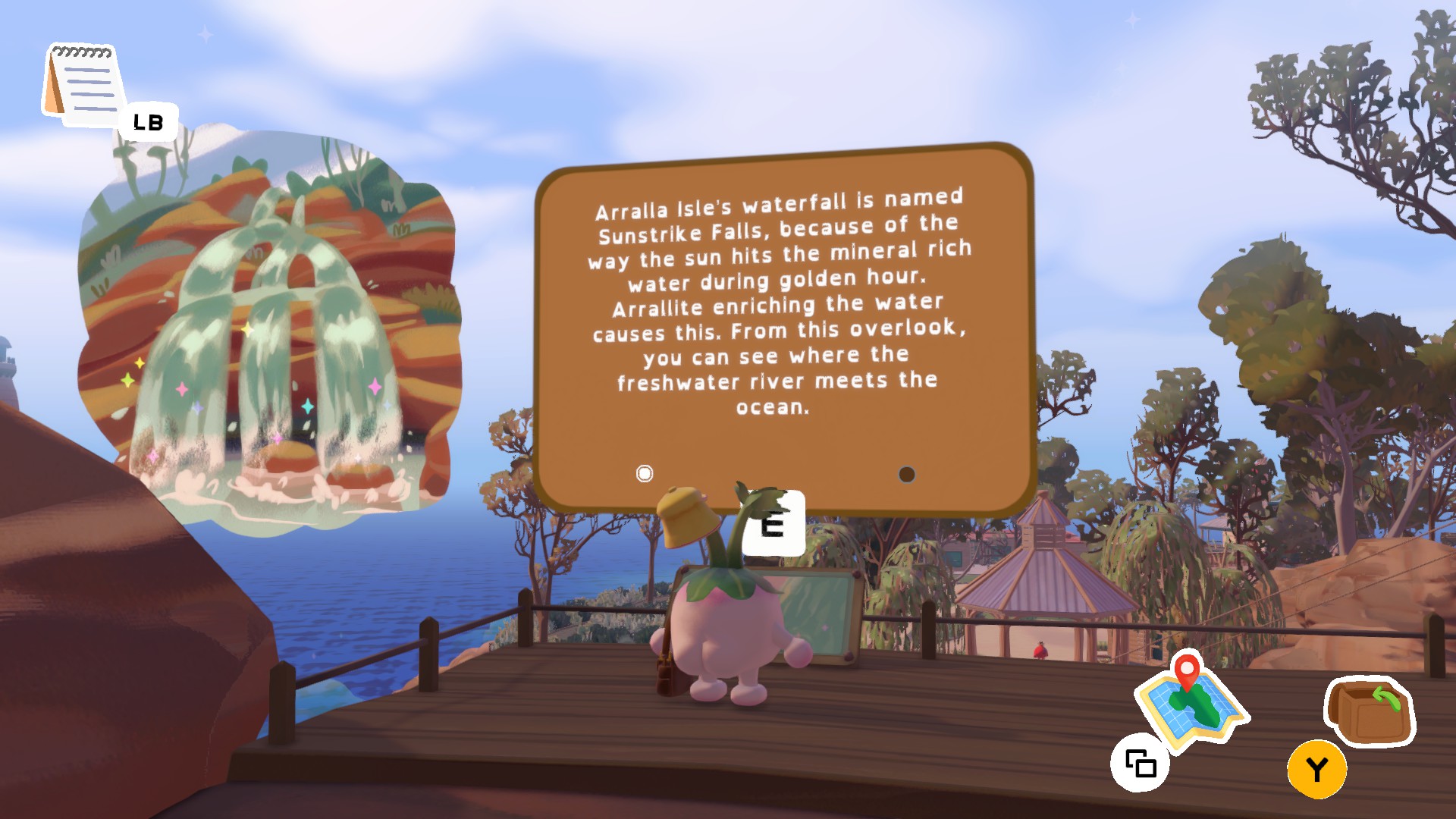 An assortment of images from Letters to Arralla, following a turnip with a juicy bum looking around a beautiful island, delivering mail, and talking to residents.