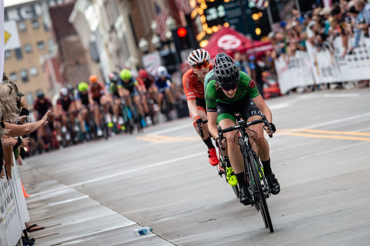 Leaigh Ann Ganzar powers the late break near the end of the US Pro Criterium
