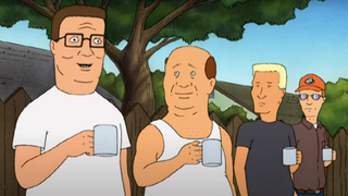 hank, bill, boomhauer and dale drink coffee on the sidewalk