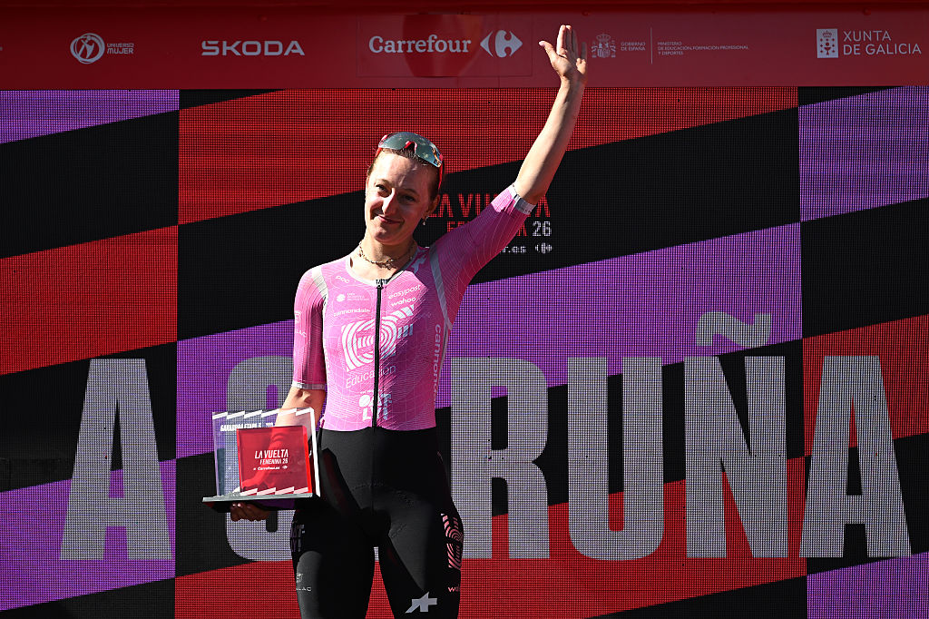 Cedrine Kerbaol (EF Education-Oatly) celebrates on the podium after winning stage 3 of the 2026 La Vuelta Femenina in A Coruna, Spain. (Photo by Szymon Gruchalski/Getty Images)