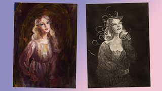 Two AI-generated artworks. A painting-style artwork (left) and a graphic-art-style drawing (right)