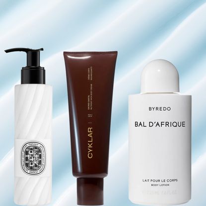 A woman with an off-the-shoulder top next top three bottles of lotion. They are all in front of a swatch of lotion background.