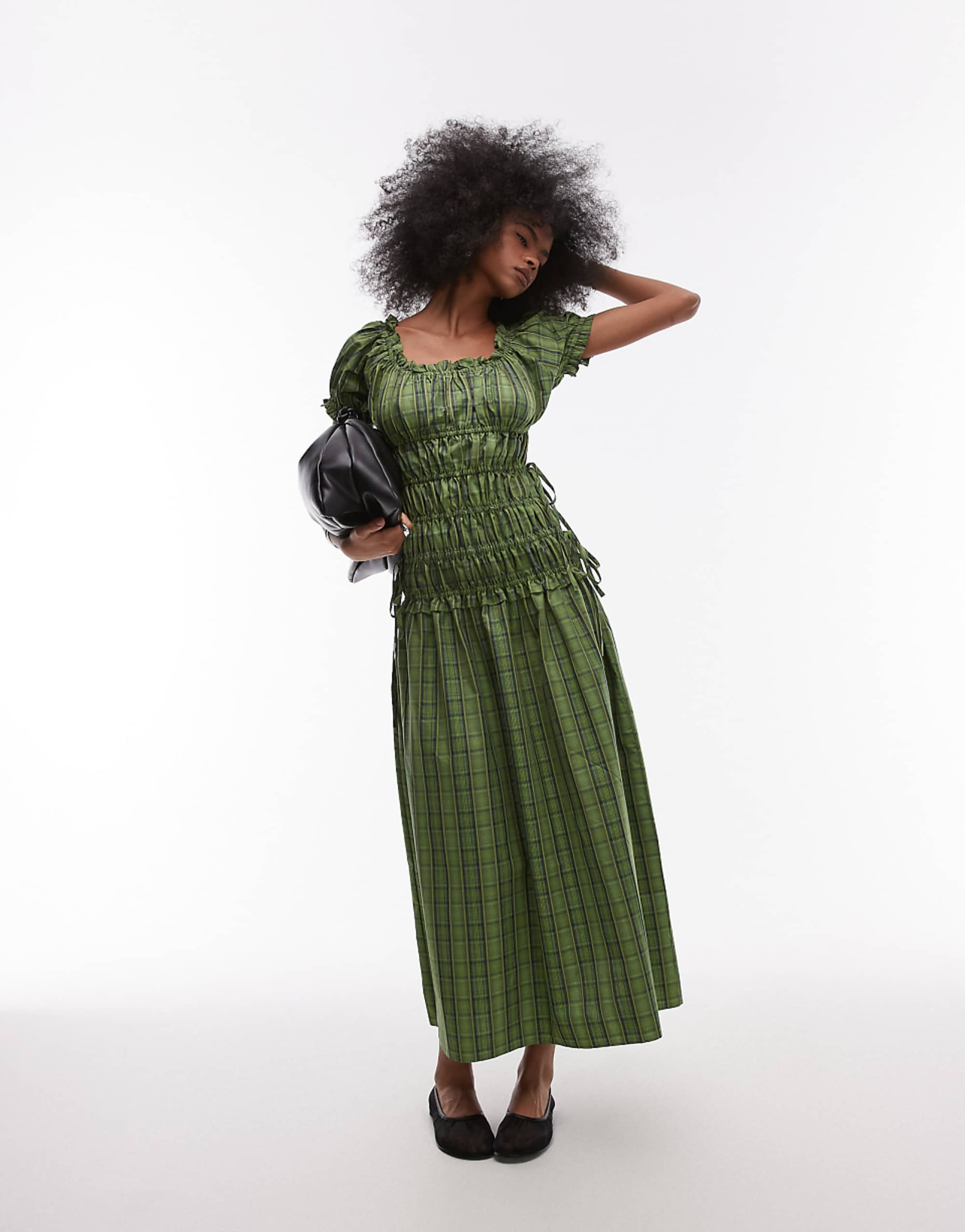 Topshop Cap Sleeve Shirred Dress With Tie Sides in Green Plaid