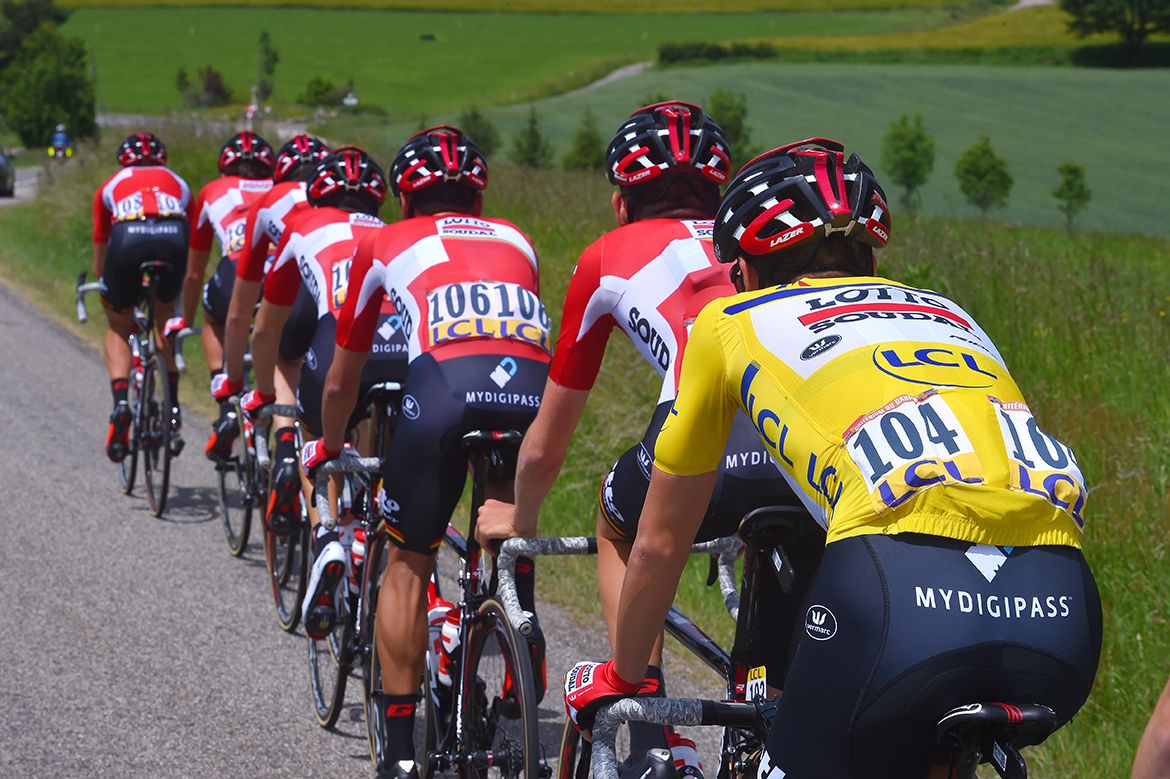 Thomas de Gendt sits at the back of the Lotto Soudal train