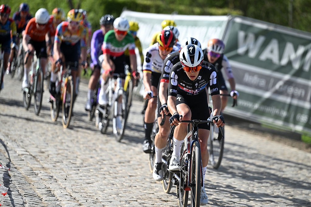 OUDENAARDE, BELGIUM - APRIL 05: Celia Gery of France and Team FDJ United - SUEZ leads the breakaway during the 23rd Tour of Flanders 2026 - Ronde van Vlaandere - Women's Elite a 164.1km one day race from Oudenaarde to Oudenaarde / #UCIWWT / on April 05, 2026 in Oudenaarde, Belgium. (Photo by Luc Claessen/Getty Images)