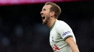 Harry Kane of Tottenham Hotspur celebrates after scoring his team's first goal during the Premier League match between Tottenham Hotspur and Manchester City at the Tottenham Hotspur Stadium on 5 February, 2023 in London, United Kingdom.