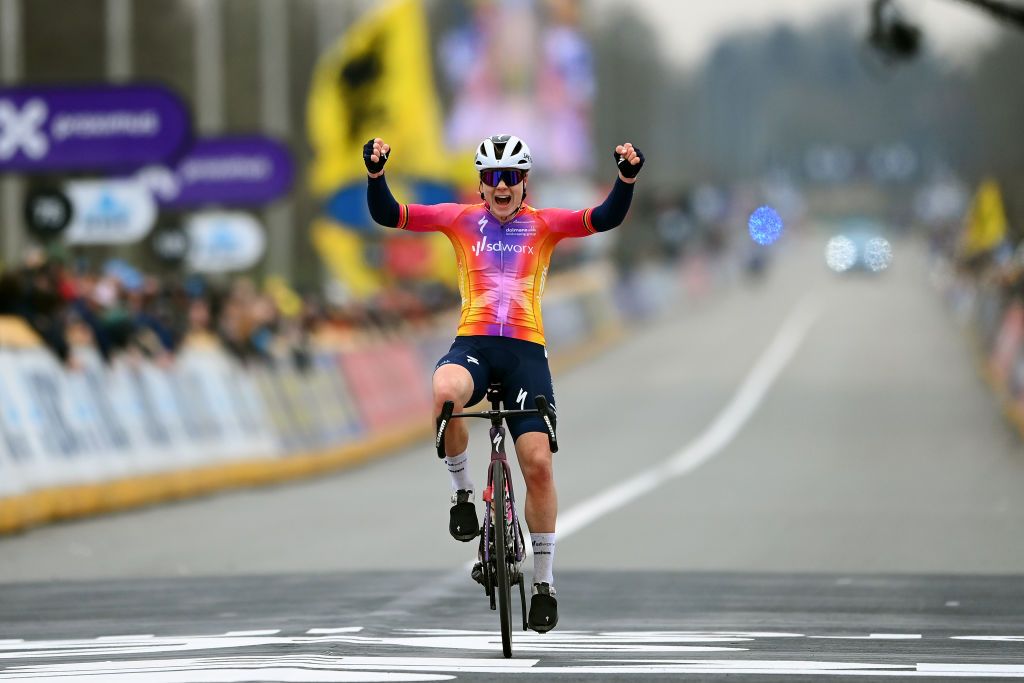 OUDENAARDE BELGIUM APRIL 02 Lotte Kopecky of Belgium and Team SD Worx celebrates at finish line as race winner during the 20th Ronde van Vlaanderen Tour des Flandres 2023 Womens Elite a 1566km one day race from Oudenaarde to Oudenaarde UCIWWT on April 02 2023 in Oudenaarde Belgium Photo by Tim de WaeleGetty Images