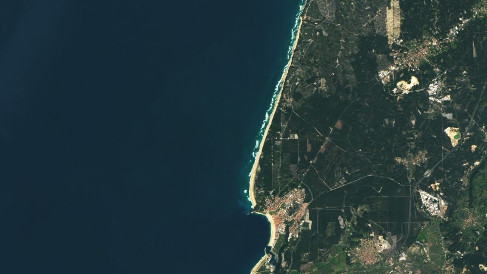 A more recent satellite photo of Nazaré taken on Feb. 5, 2022, showing typical wave conditions during winter months.