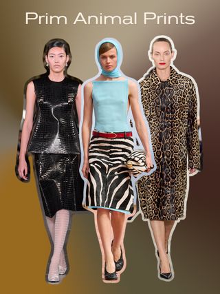 a collage of models in the fall runway shows of Tory Burch, Jacquemus, and Michael Kors, all wearing one of the biggest fall print trends: prim animal prints