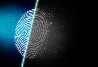 A digital fingerprint being scanned with code running in the background