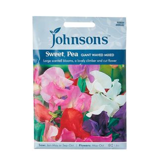Light blue pack of Johnsons sweet pea seeds with yellow, pink, red, and purple flowers on the packet