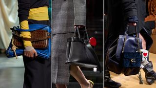 Bag charms and trinkets attached to handbags at Fendi, Prada, Coach Fall 2024