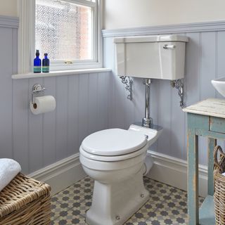 grey bathroom with washstand