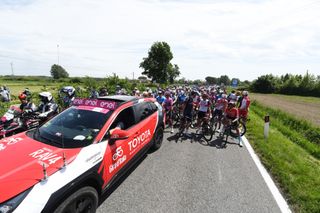 GORIZIA ITALY MAY 23 Race and Peloton stopped due to a Crash at Neutral Start during the 104th Giro dItalia 2021 Stage 15 a 147km stage from Grado to Gorizia UCIworldtour girodiitalia Giro on May 23 2021 in Gorizia Italy Photo by Tim de WaeleGetty Images