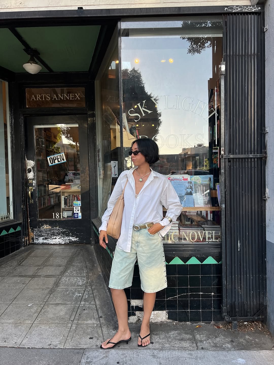 Stephanie wearing denim shorts
