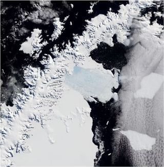 A satellite view of a portion of arctic sea.