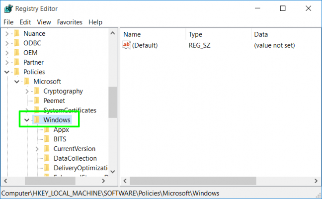 Navigate to HKEY_LOCAL_MACHINE\SOFTWARE\Policies\Microsoft\Windows