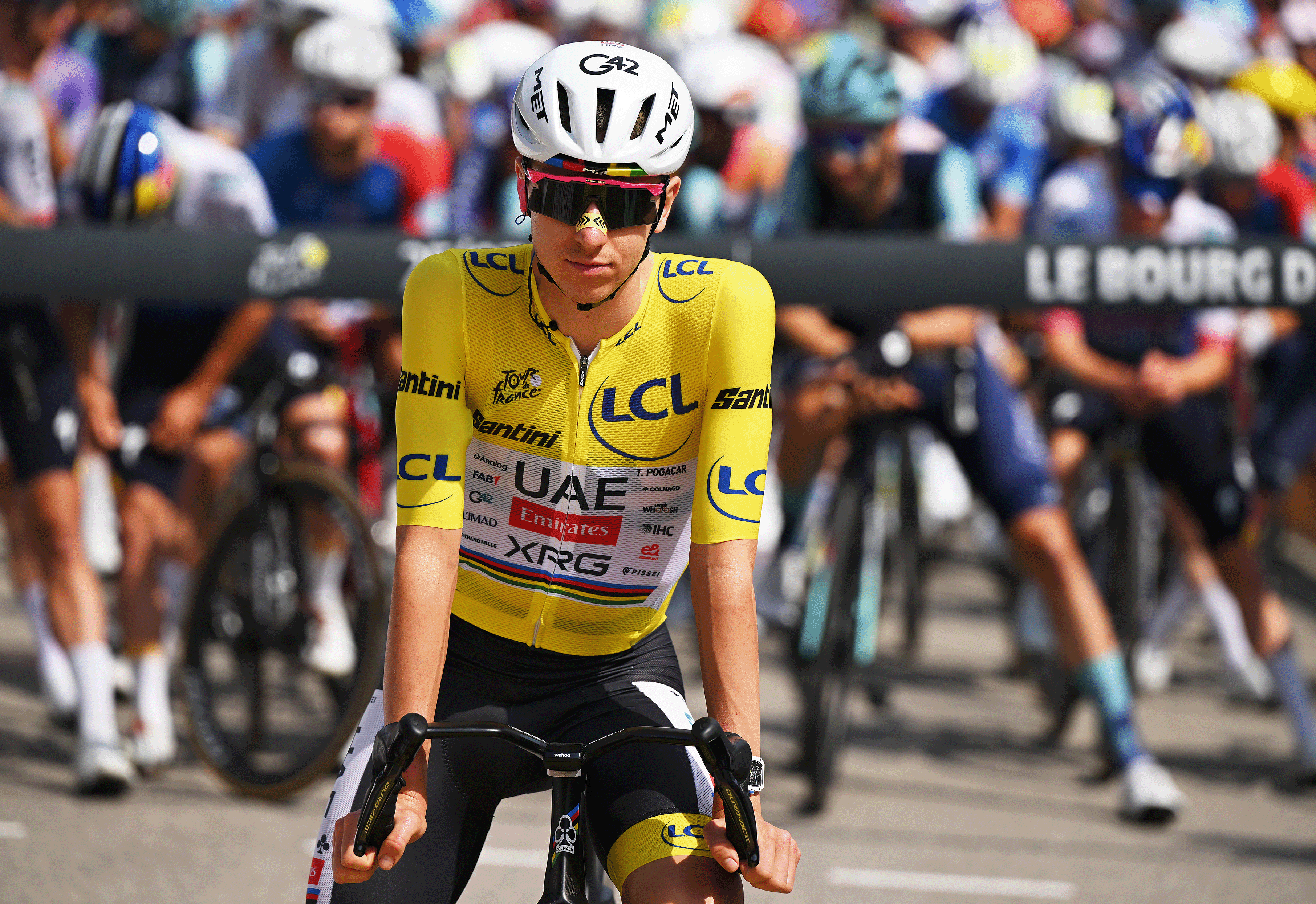  Tadej Pogacar of Slovenia and UAE Team Emirates - XRG wearing the Yellow Leader Jersey prior to the 113th of the Tour de France 2026 (Photo by Dario Belingheri/Getty Images)