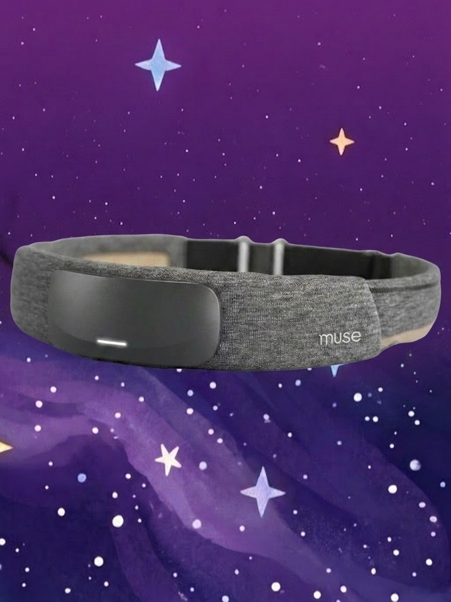 The Muse S Athena Sleep headband against a starry background edited by Gemini