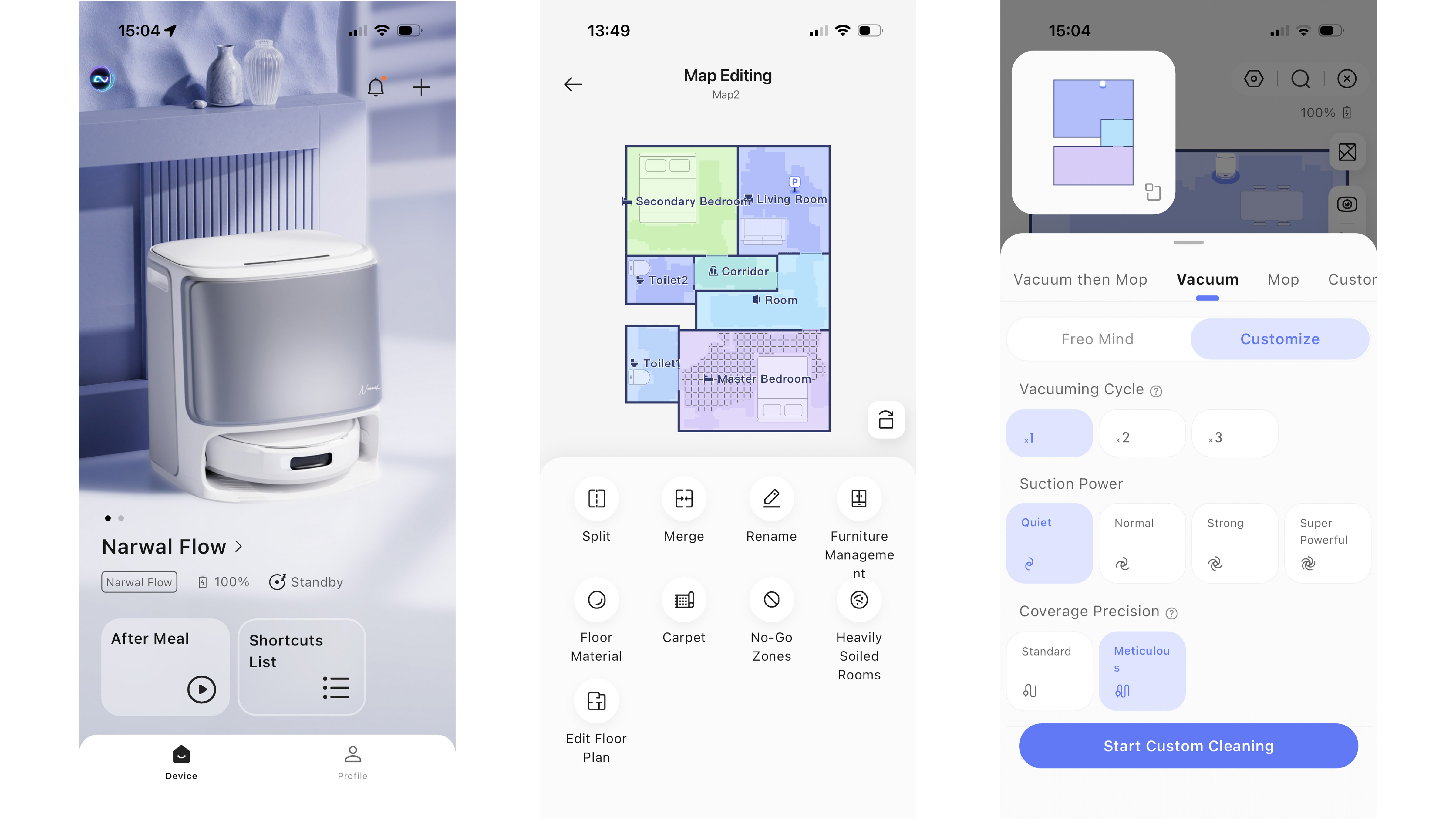 Screenshots from Narwal robovac app