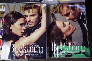 two images of Vogue cover with the Beckhams on the front