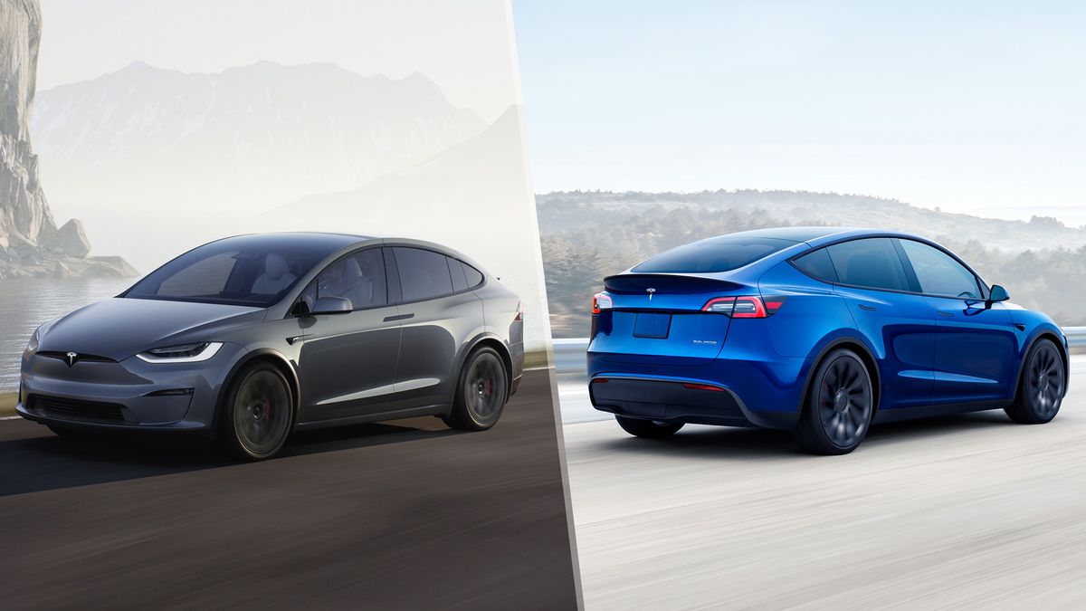 Stealth Grey Tesla Model X with Gull Wing doors driving through mountains and Deep Blue Tesla Model Y driving in snow.