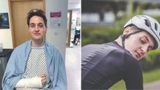 Tom Davidson in the hospital (left) and on the bike (right)