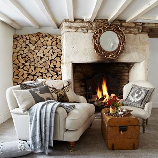 living room with fire place and white sofa