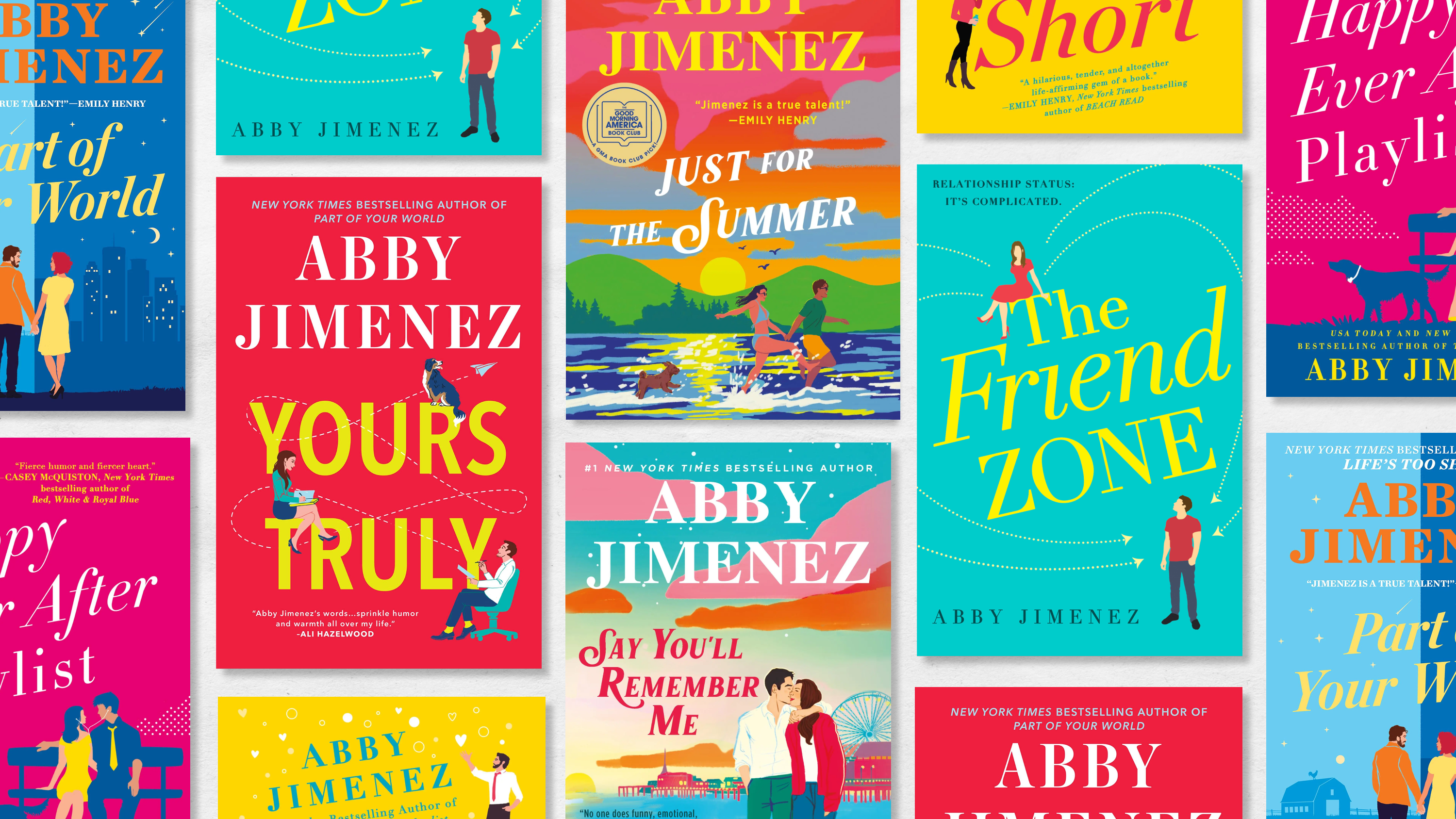 a collage of book covers of abby jimenez's romance novels