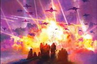 spaceships swarm in a fiery purple sky with warriors silhouetted in the foreground