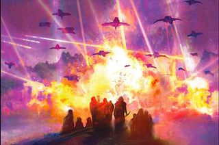 spaceships swarm in a fiery purple sky with warriors silhouetted in the foreground
