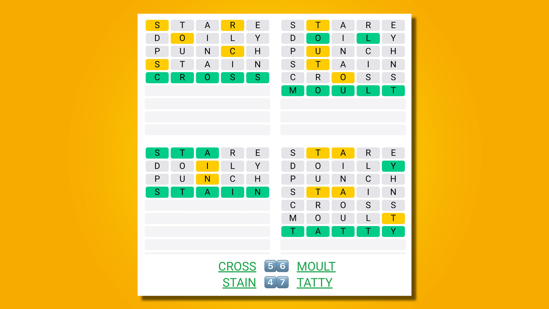 Quordle 463 answers on a yellow background