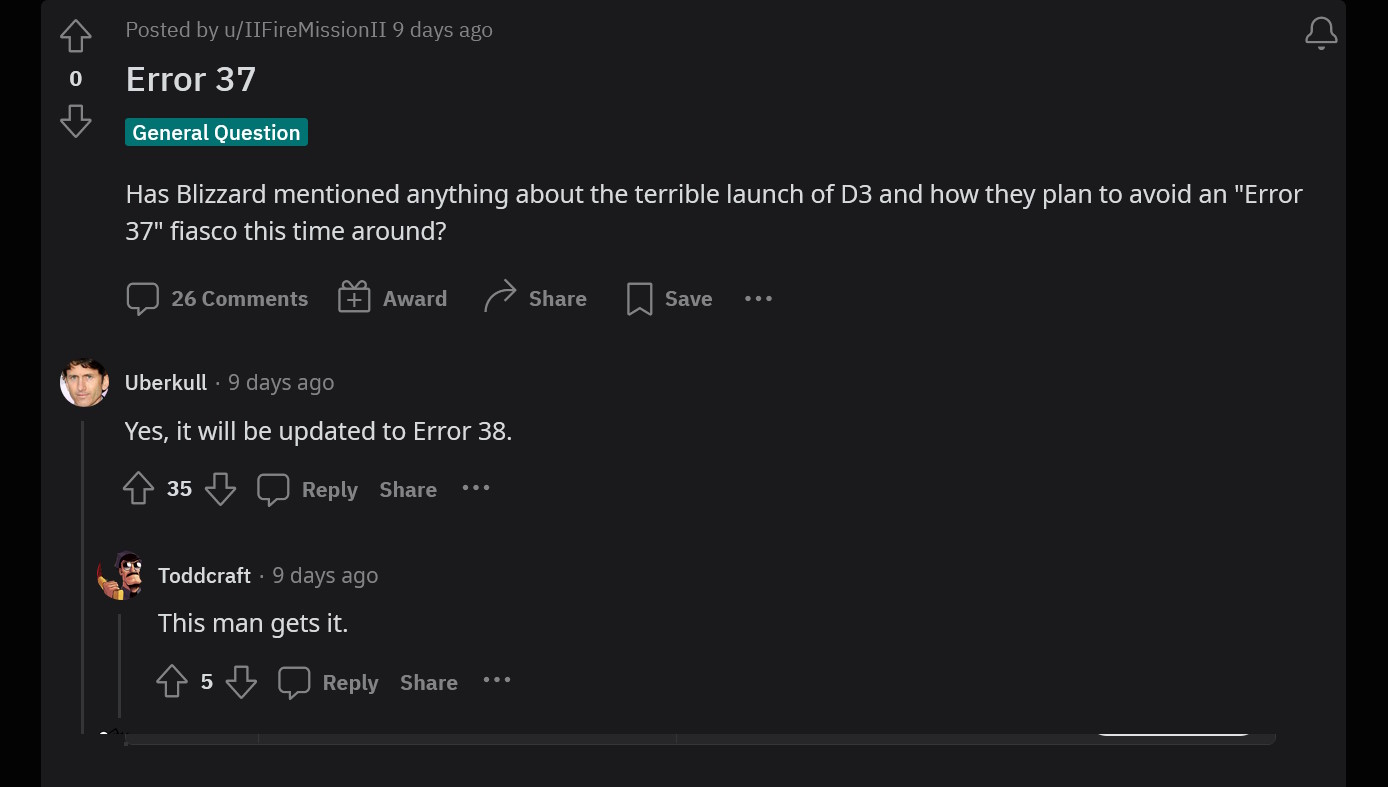 Diablo 4 error 38 joke on Reddit