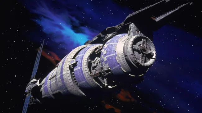 An illustration of a cylindrical vessel in space.