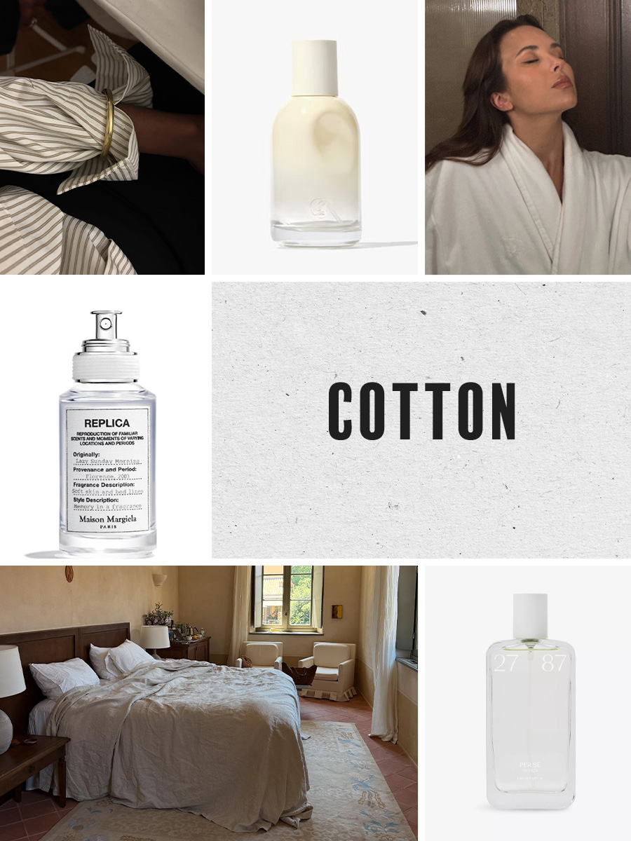 A collage of a cotton shirt, robe and bedding and cotton-inspired perfumes