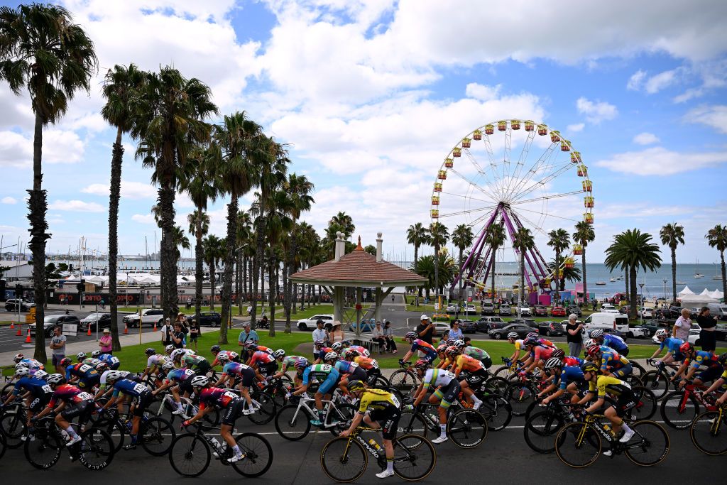 GEELONG AUSTRALIA JANUARY 27 A general view of the peloton passing through a Geelong city during the 7th Deakin University Elite Womens Road Race 2024 a 1408km one day race from Geelong to Geelong UCIWWT on January 27 2024 in Geelong Australia Photo by Tim de WaeleGetty Images
