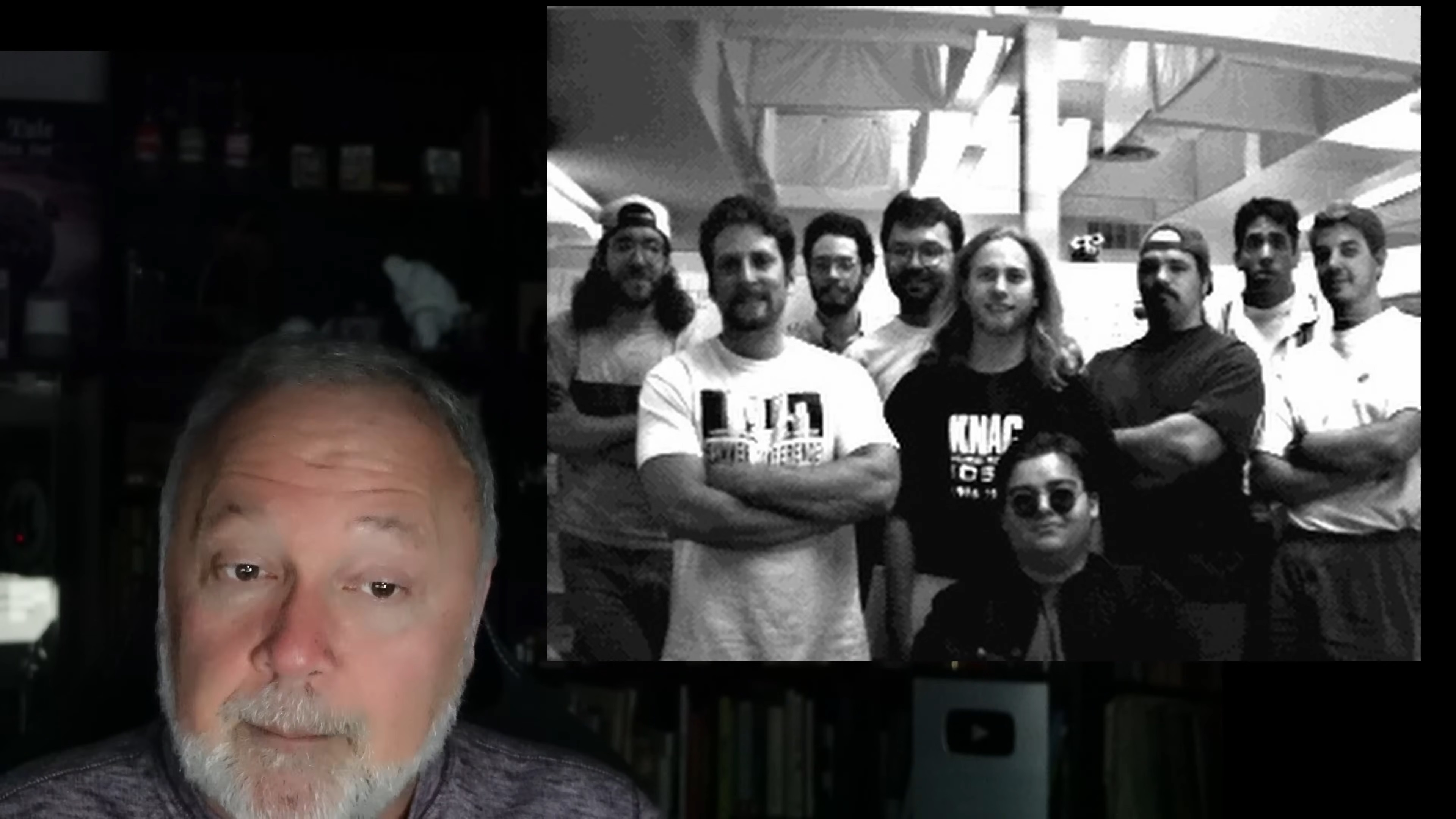 Webcam photo of Tim Cain next to black and white photo of 9-person Fallout dev team circa 1995