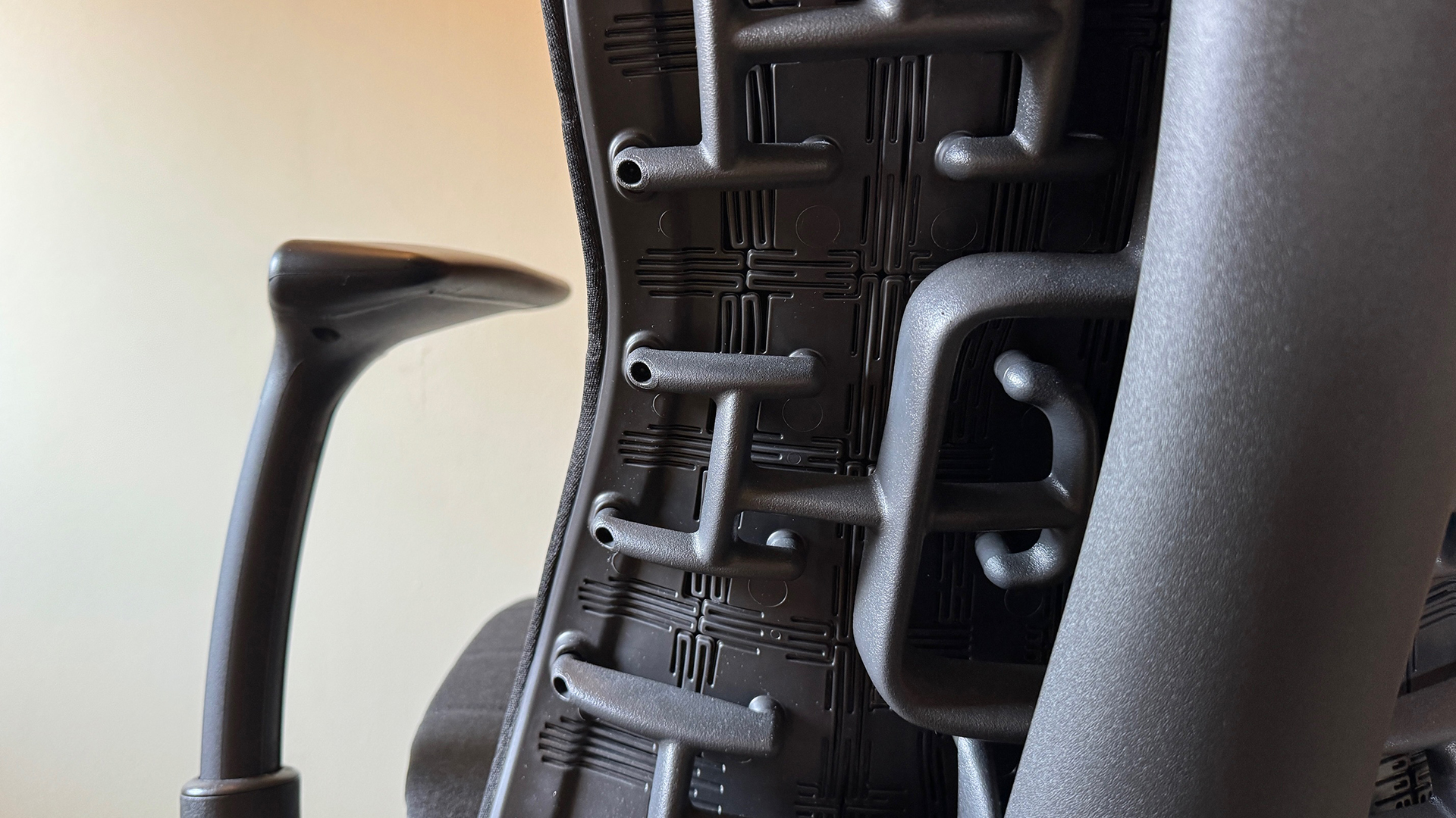 The back of the Herman Miller Embody chair, with its 'pixels' on show.