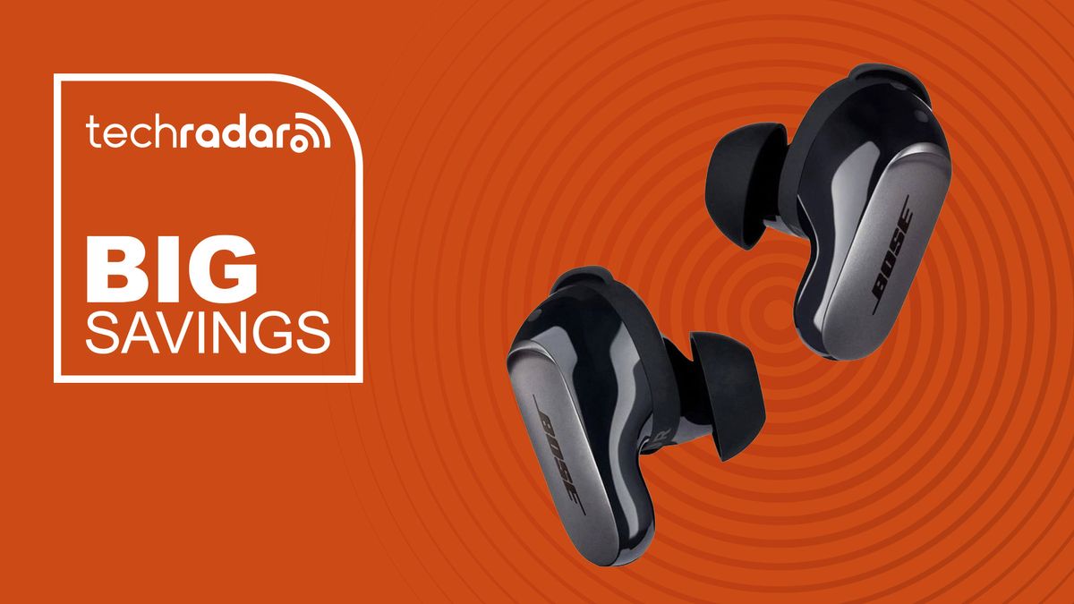 Bose QuietComfort Ultra Earbuds on orange background with &quot;Big Savings&quot; text in white to the left