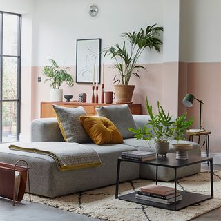 living room with grey sofa