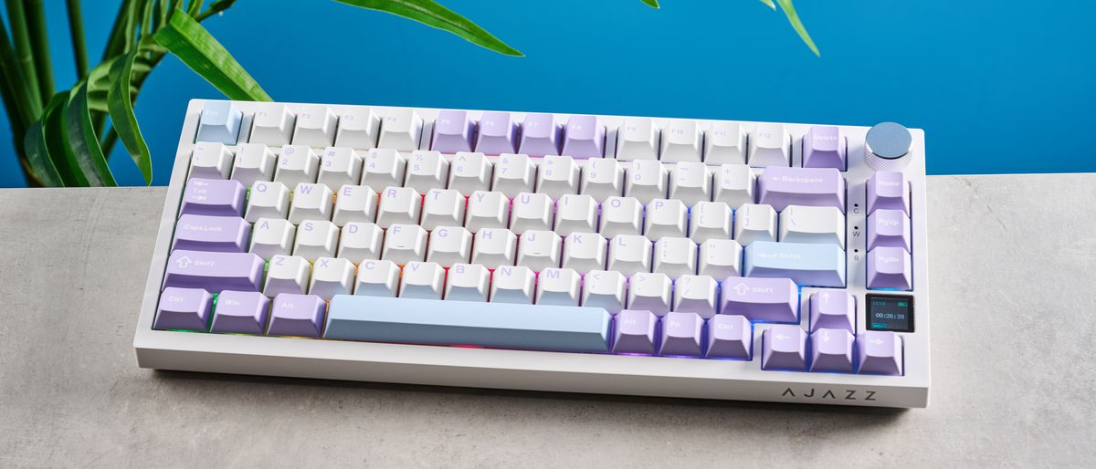 A white and purple Epomaker Ajazz AK820 Pro mechanical keyboard